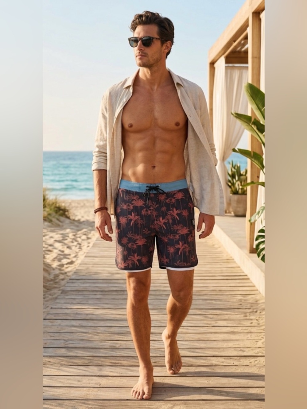 IPs Men's board Black & Coral Palm Print Swim Trunks surf summer beach cruise 31
